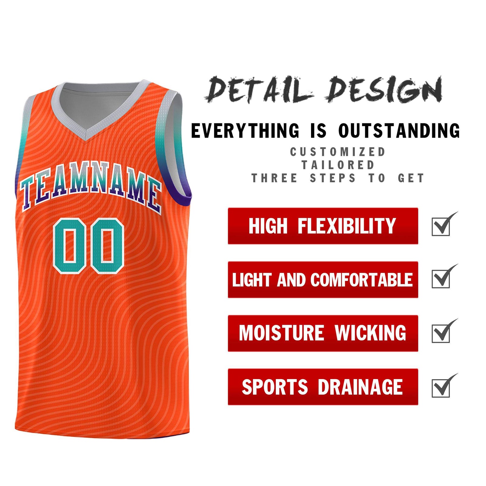 Custom Orange Gray Wave Pattern Sports Uniform Basketball Jersey