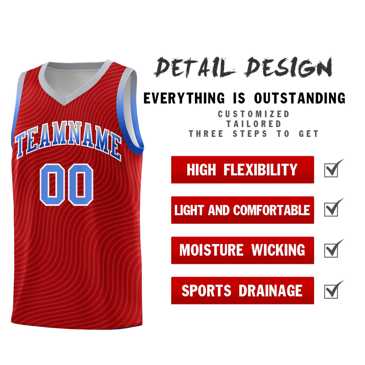 Custom Red Gray Wave Pattern Sports Uniform Basketball Jersey