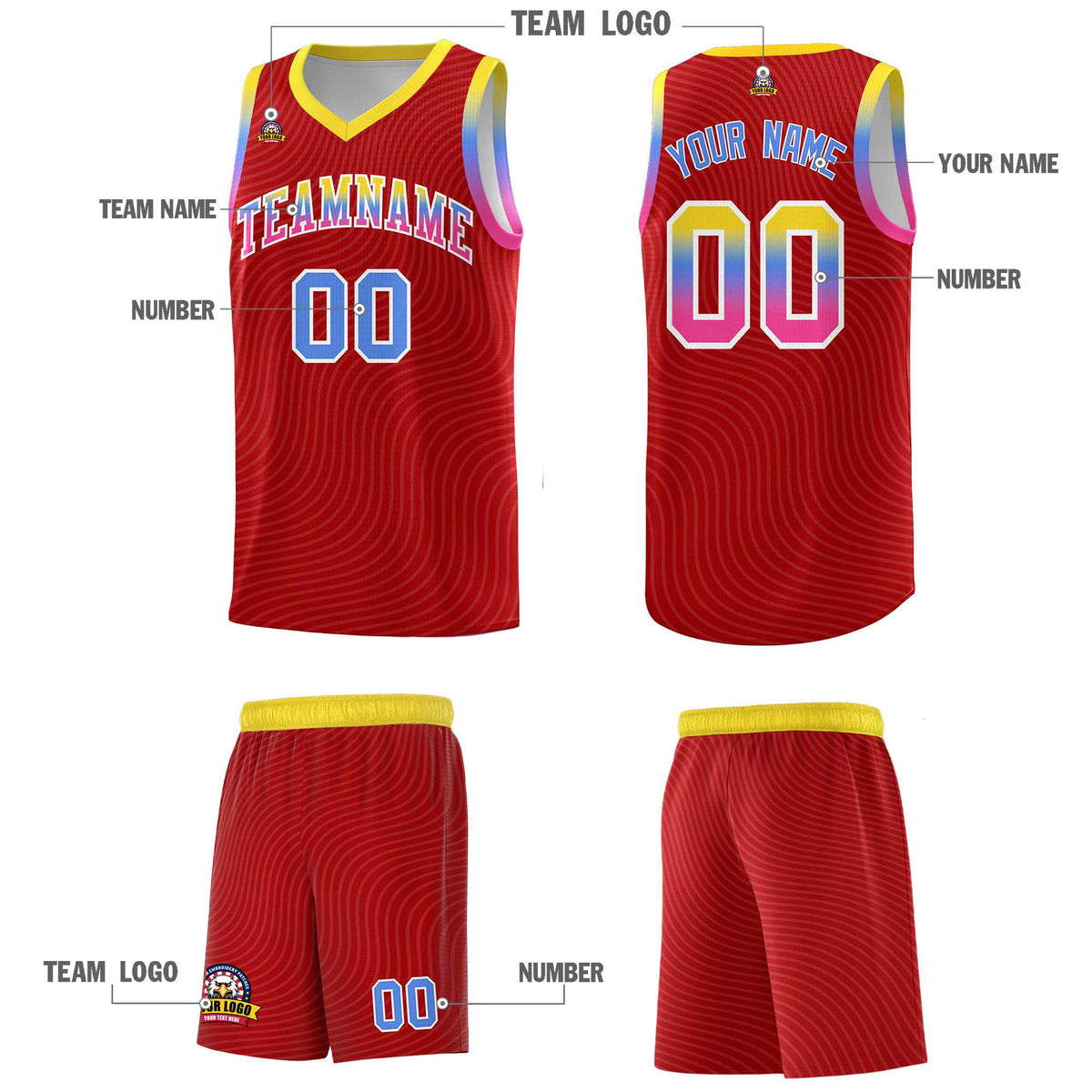 Custom Red Gold Wave Pattern Sports Uniform Basketball Jersey