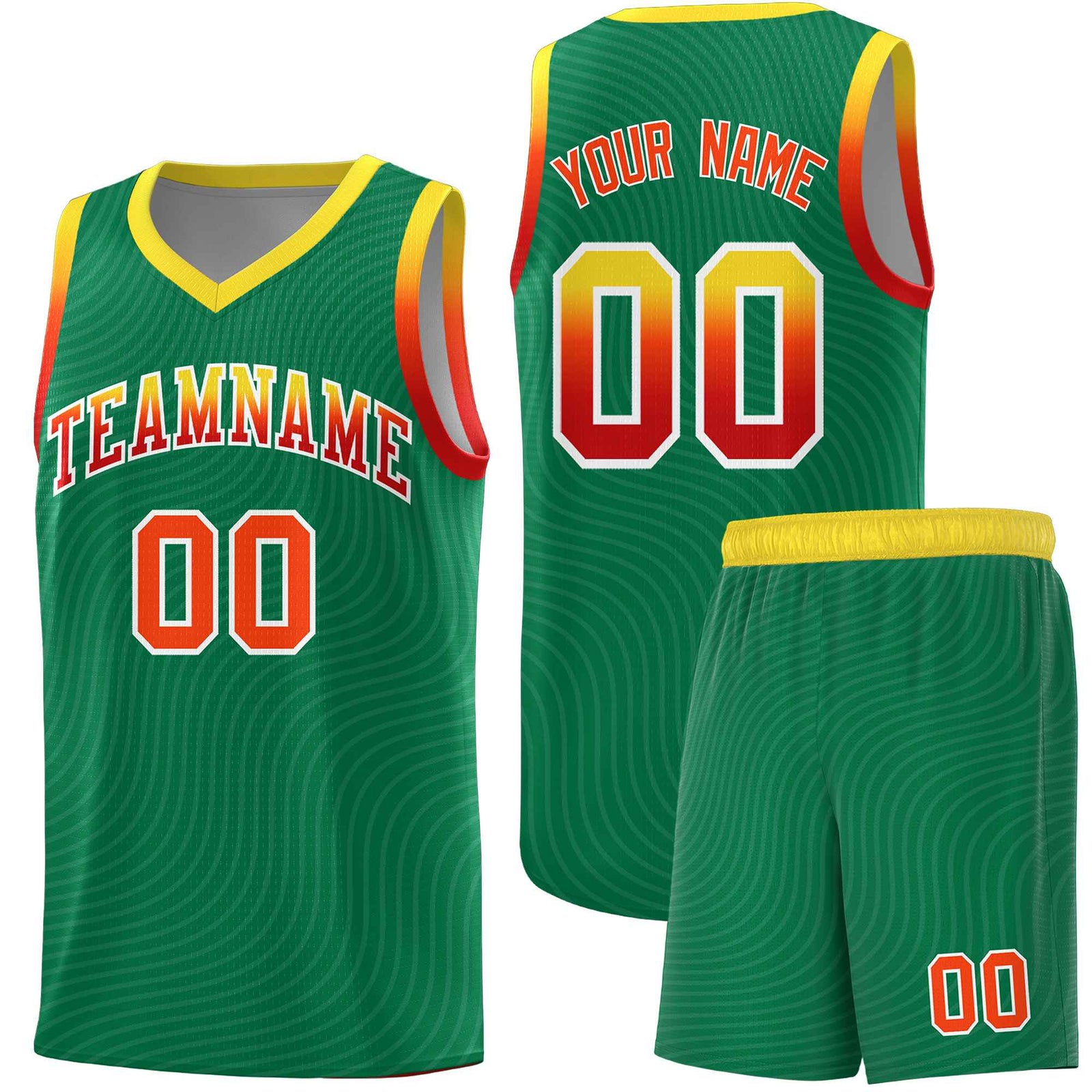Custom Kelly Green Gold Wave Pattern Sports Uniform Basketball Jersey