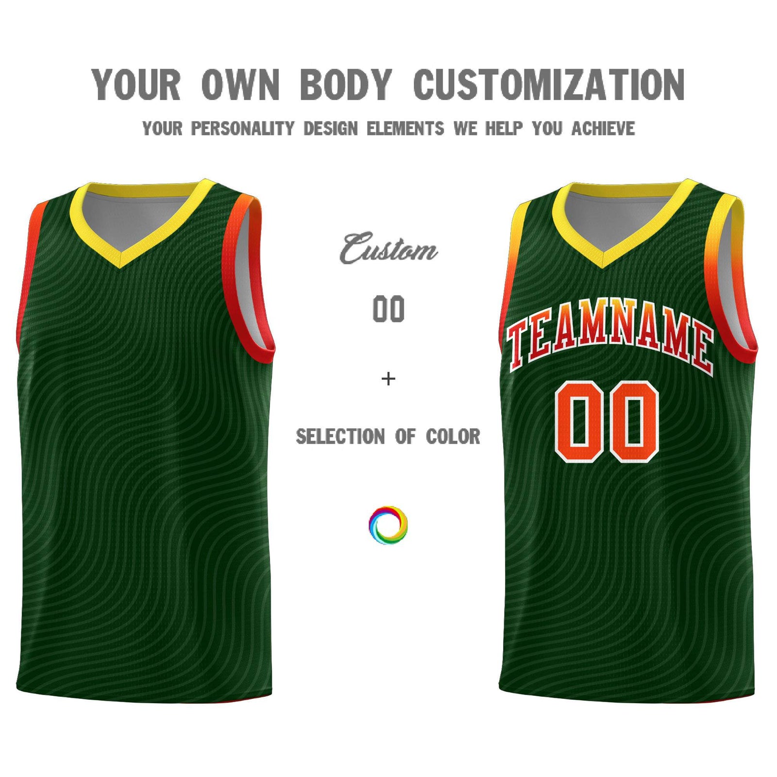 Custom Hunter Green Gold Wave Pattern Sports Uniform Basketball Jersey