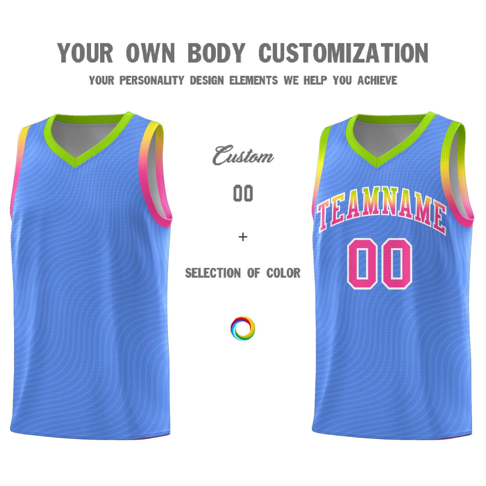 Custom Light Blue Neon Green Wave Pattern Sports Uniform Basketball Jersey