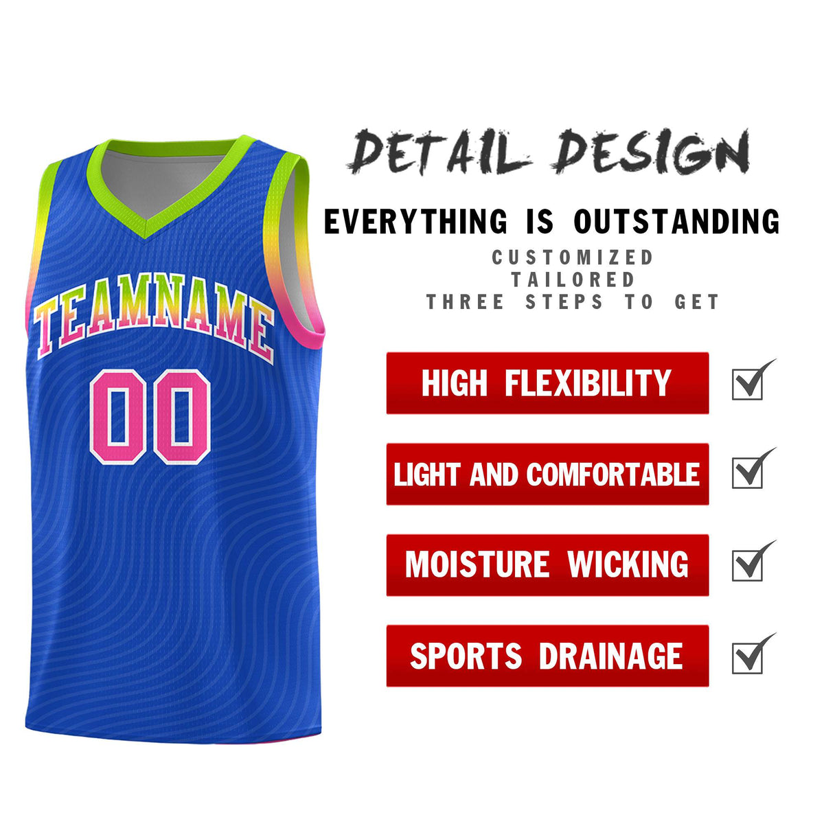 Custom Royal Blue Neon Green Wave Pattern Sports Uniform Basketball Jersey