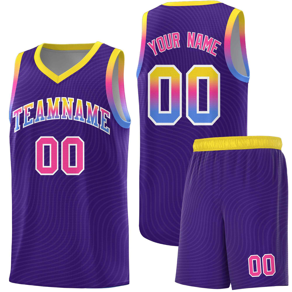 Custom Purple Gold Wave Pattern Sports Uniform Basketball Jersey