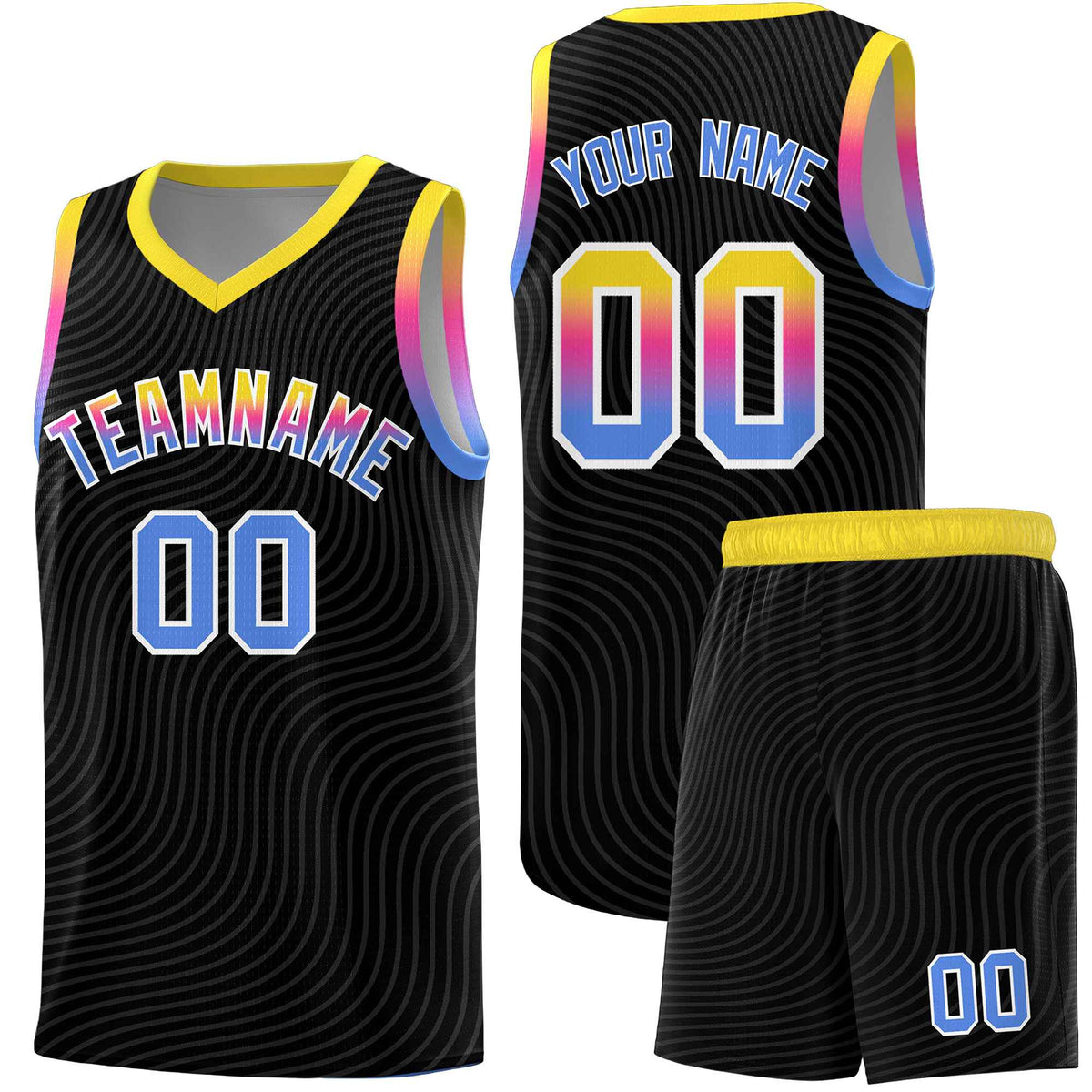 Custom Black Gold Wave Pattern Sports Uniform Basketball Jersey