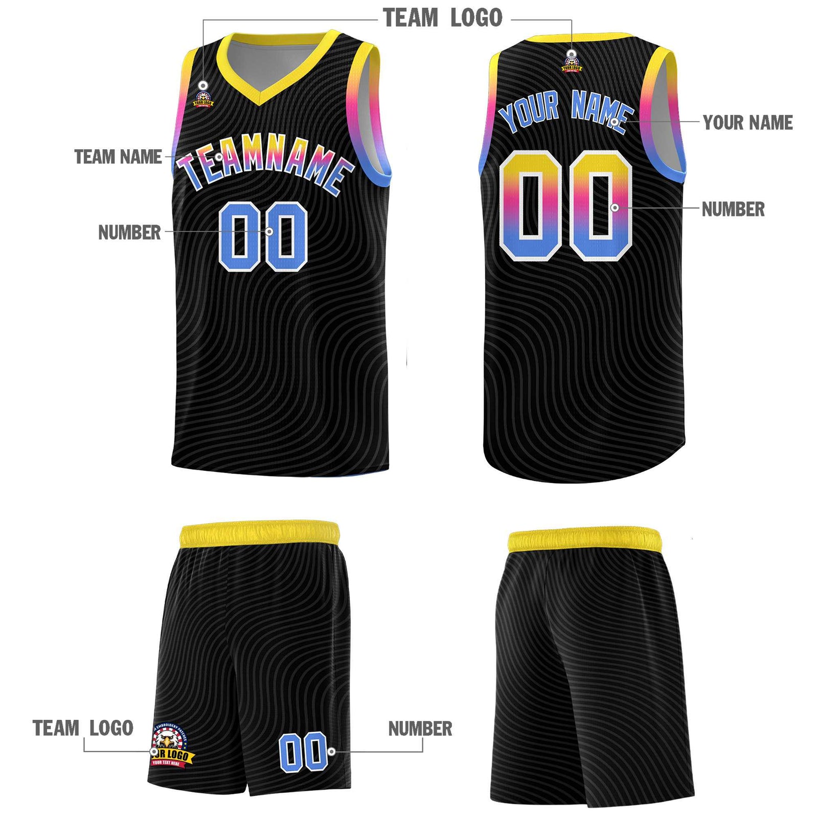 Custom Black Gold Wave Pattern Sports Uniform Basketball Jersey