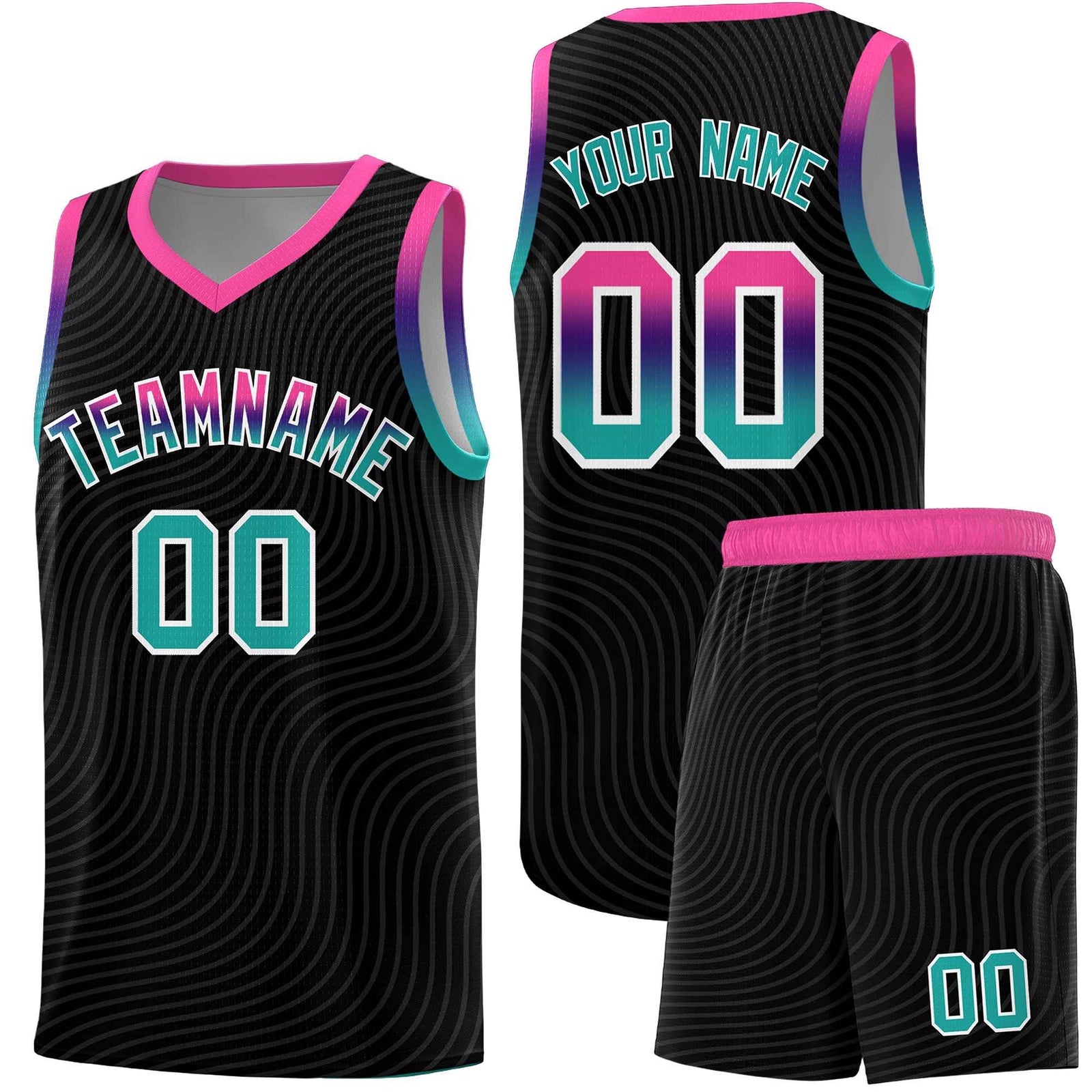 Custom Black Pink Wave Pattern Sports Uniform Basketball Jersey