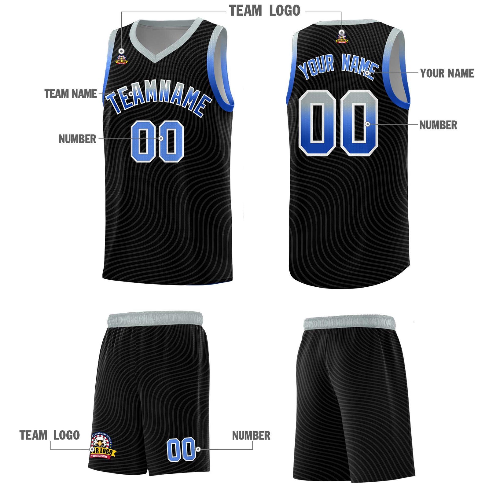 Custom Black Gray Wave Pattern Sports Uniform Basketball Jersey