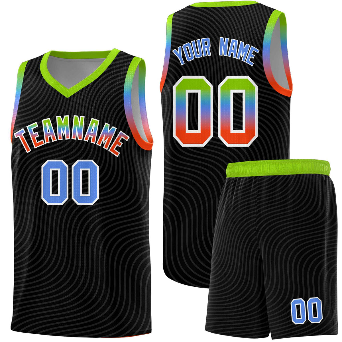 Custom Black Neon Green Wave Pattern Sports Uniform Basketball Jersey