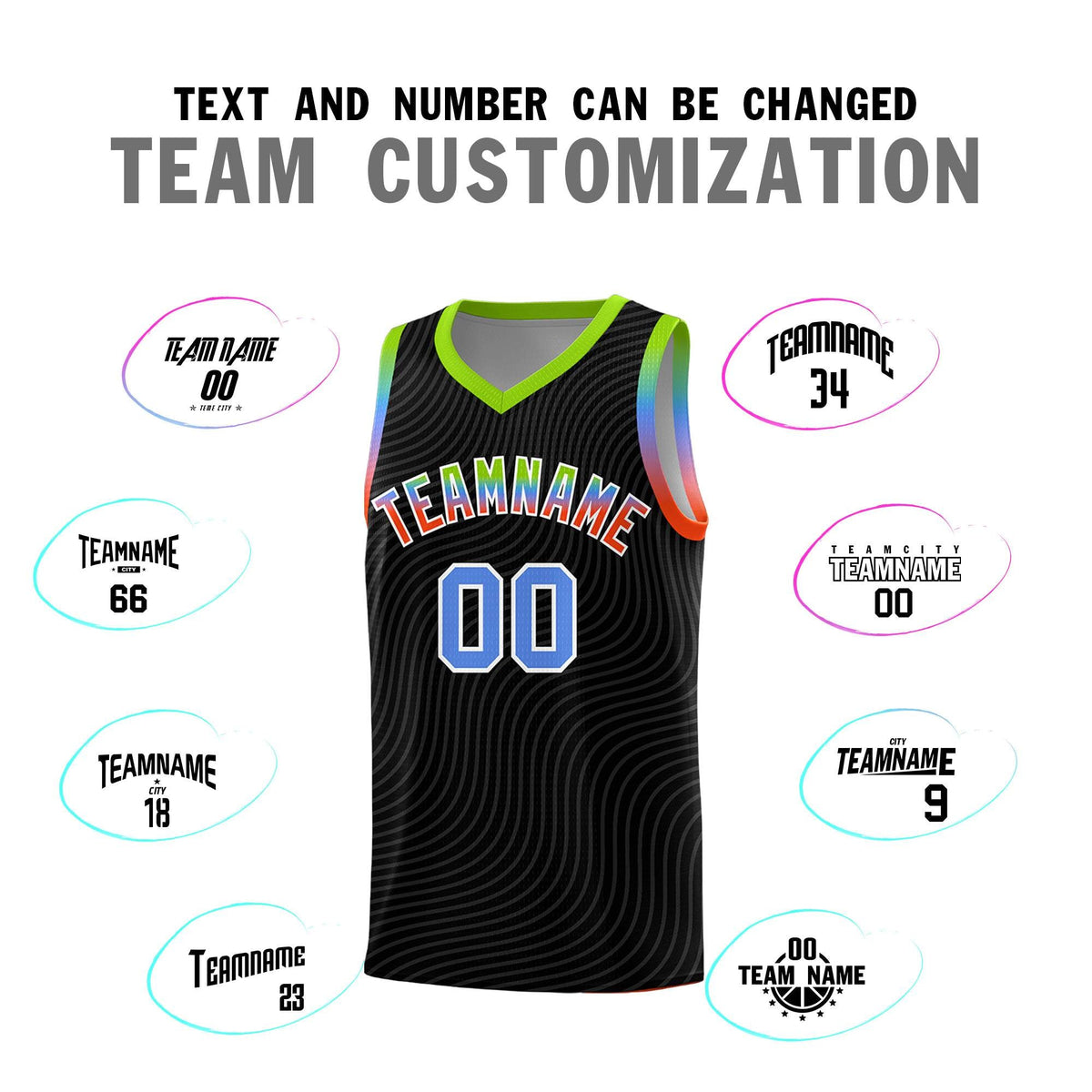 Custom Black Neon Green Wave Pattern Sports Uniform Basketball Jersey