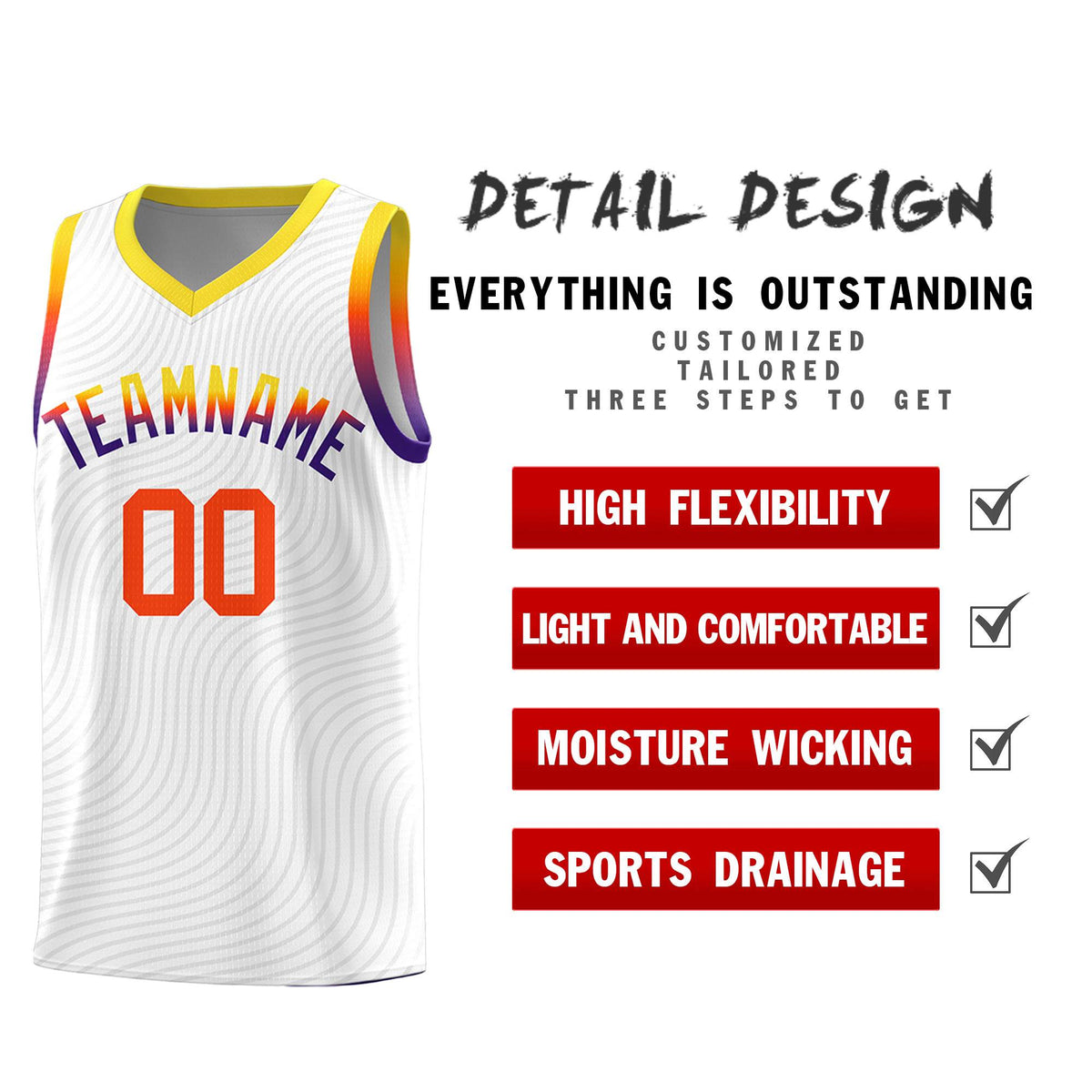 Custom White Gold Wave Pattern Sports Uniform Basketball Jersey