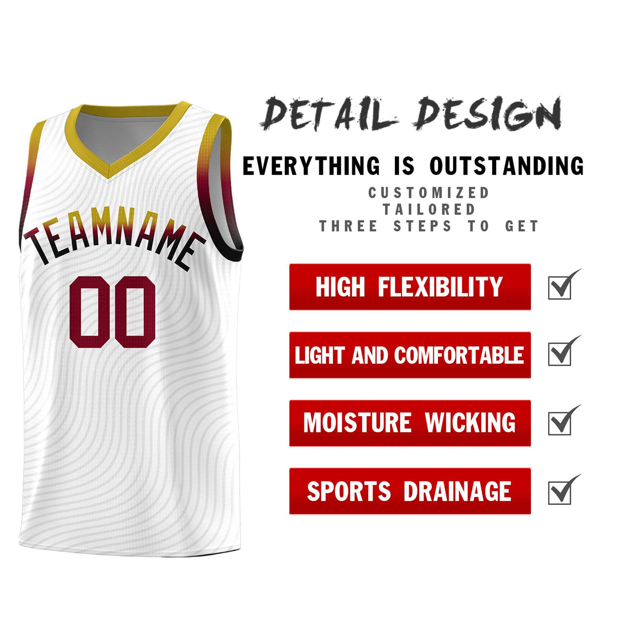 Custom White Old Gold Wave Pattern Sports Uniform Basketball Jersey