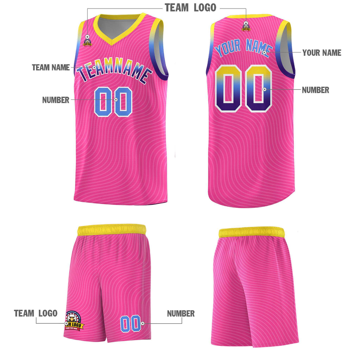 Custom Pink Gold Wave Pattern Sports Uniform Basketball Jersey