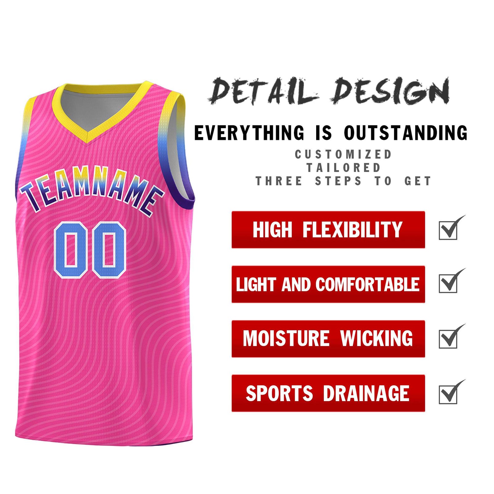 Custom Pink Gold Wave Pattern Sports Uniform Basketball Jersey