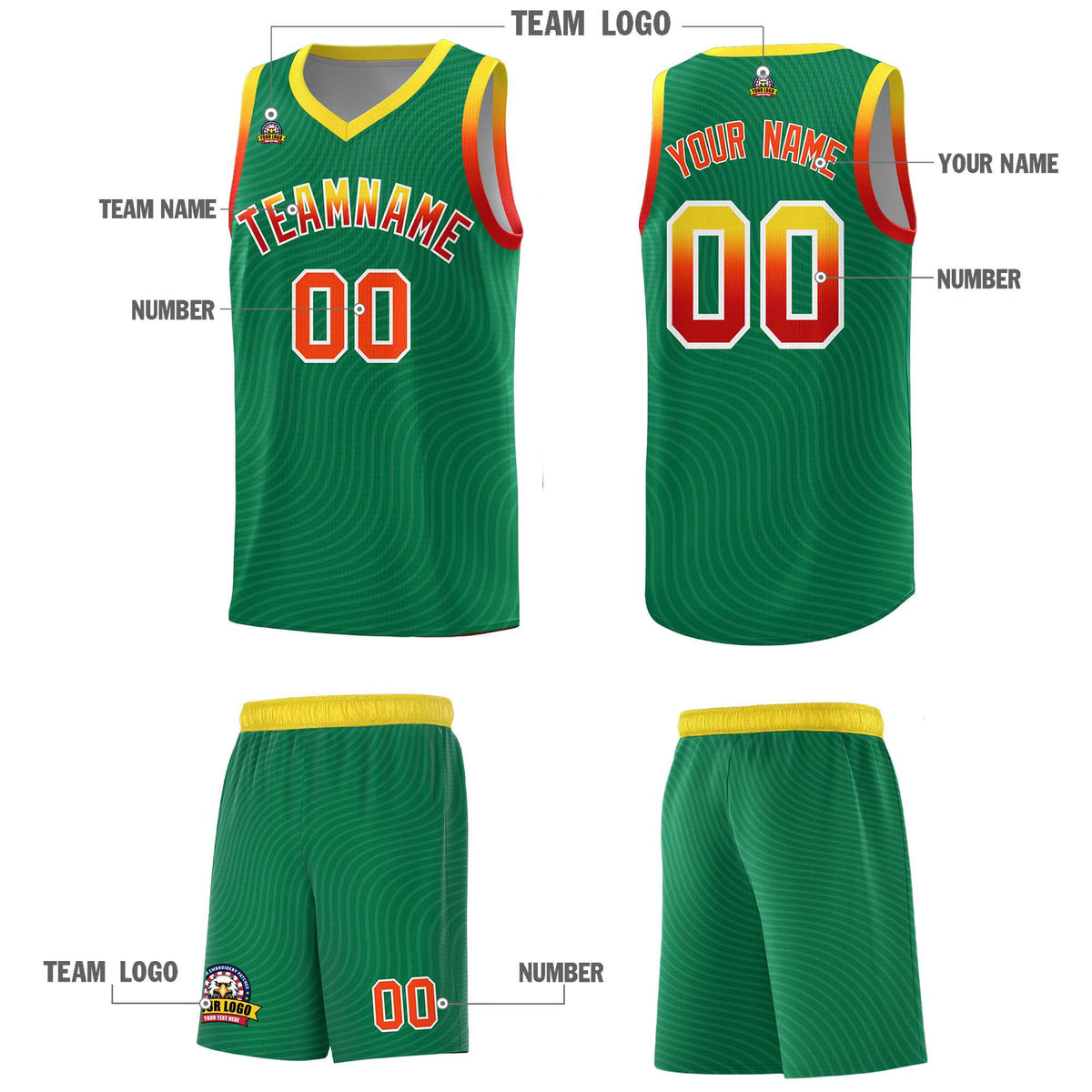 Custom Kelly Green Gold Wave Pattern Sports Uniform Basketball Jersey
