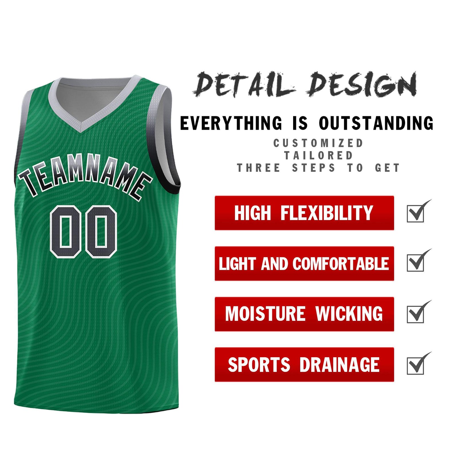 Custom Kelly Green Gray Wave Pattern Sports Uniform Basketball Jersey