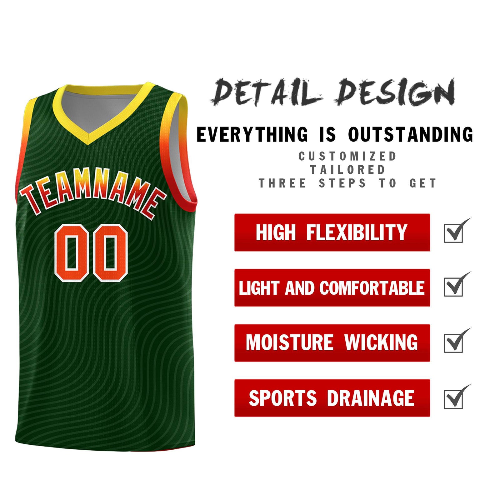 Custom Hunter Green Gold Wave Pattern Sports Uniform Basketball Jersey