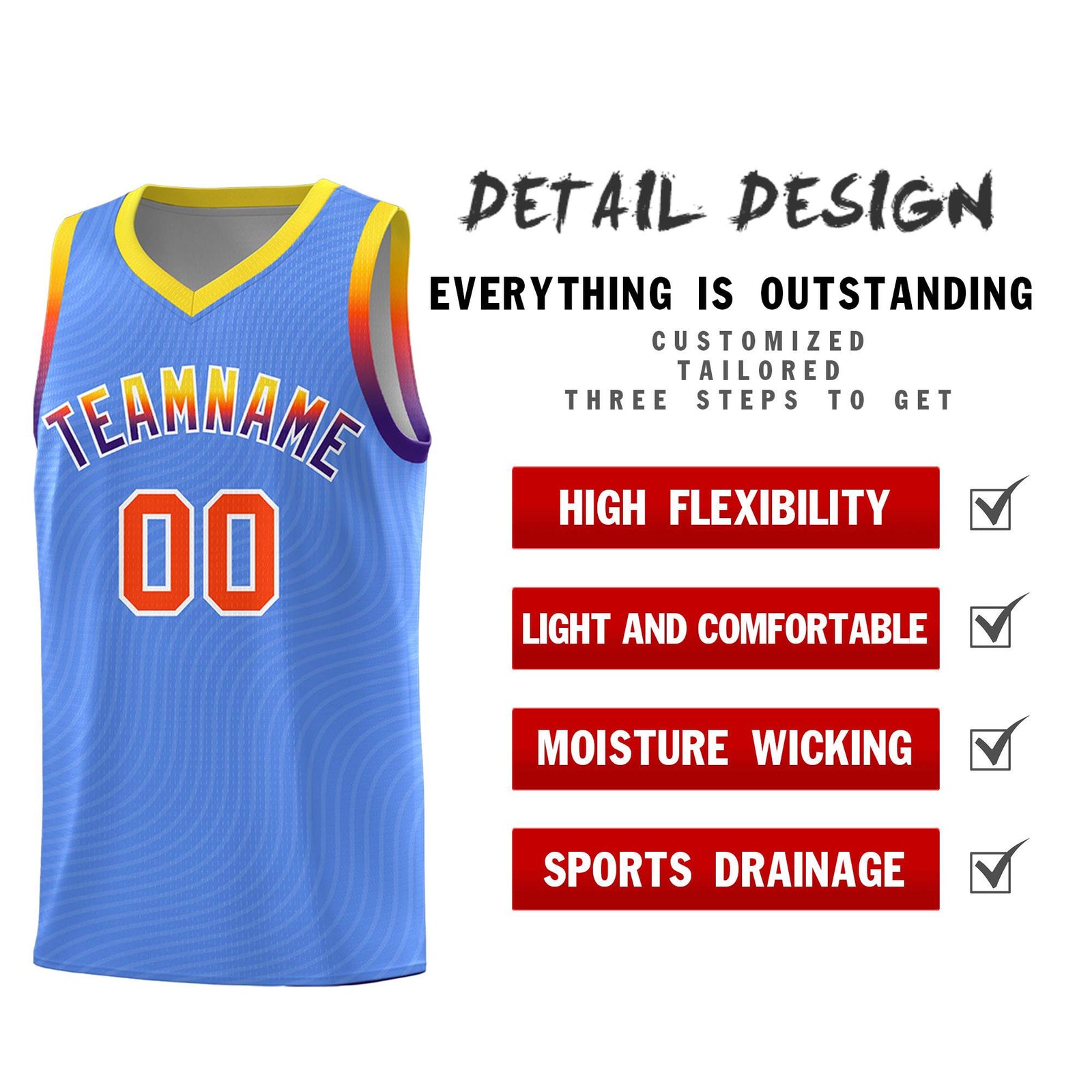 Custom Light Blue Gold Wave Pattern Sports Uniform Basketball Jersey