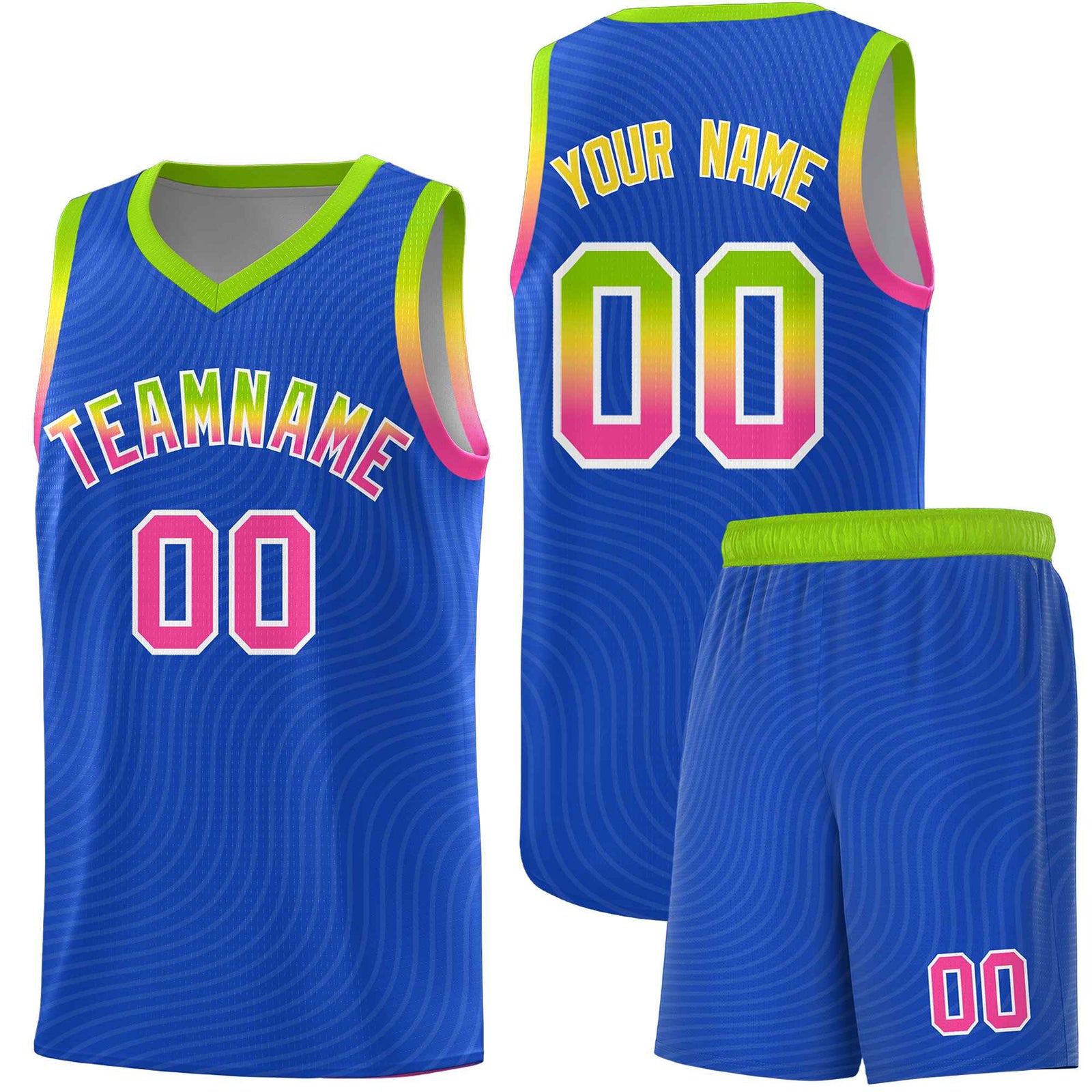 Custom Royal Blue Neon Green Wave Pattern Sports Uniform Basketball Jersey