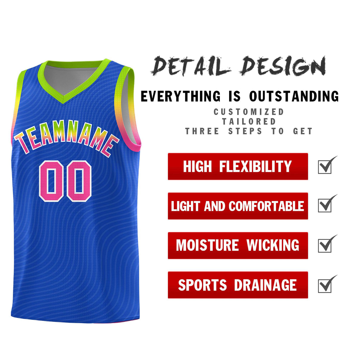 Custom Royal Blue Neon Green Wave Pattern Sports Uniform Basketball Jersey