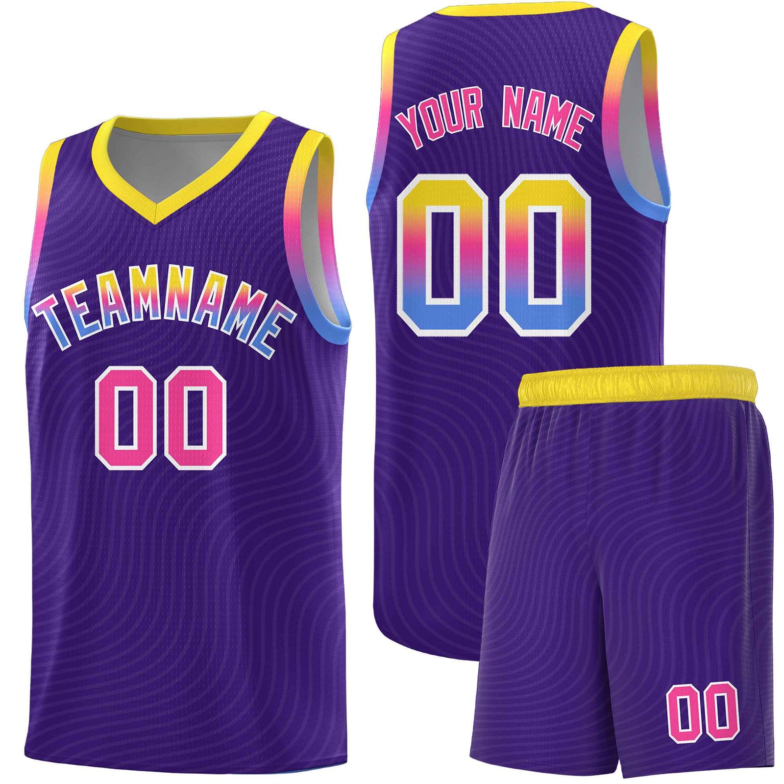 Custom Purple Gold Wave Pattern Sports Uniform Basketball Jersey