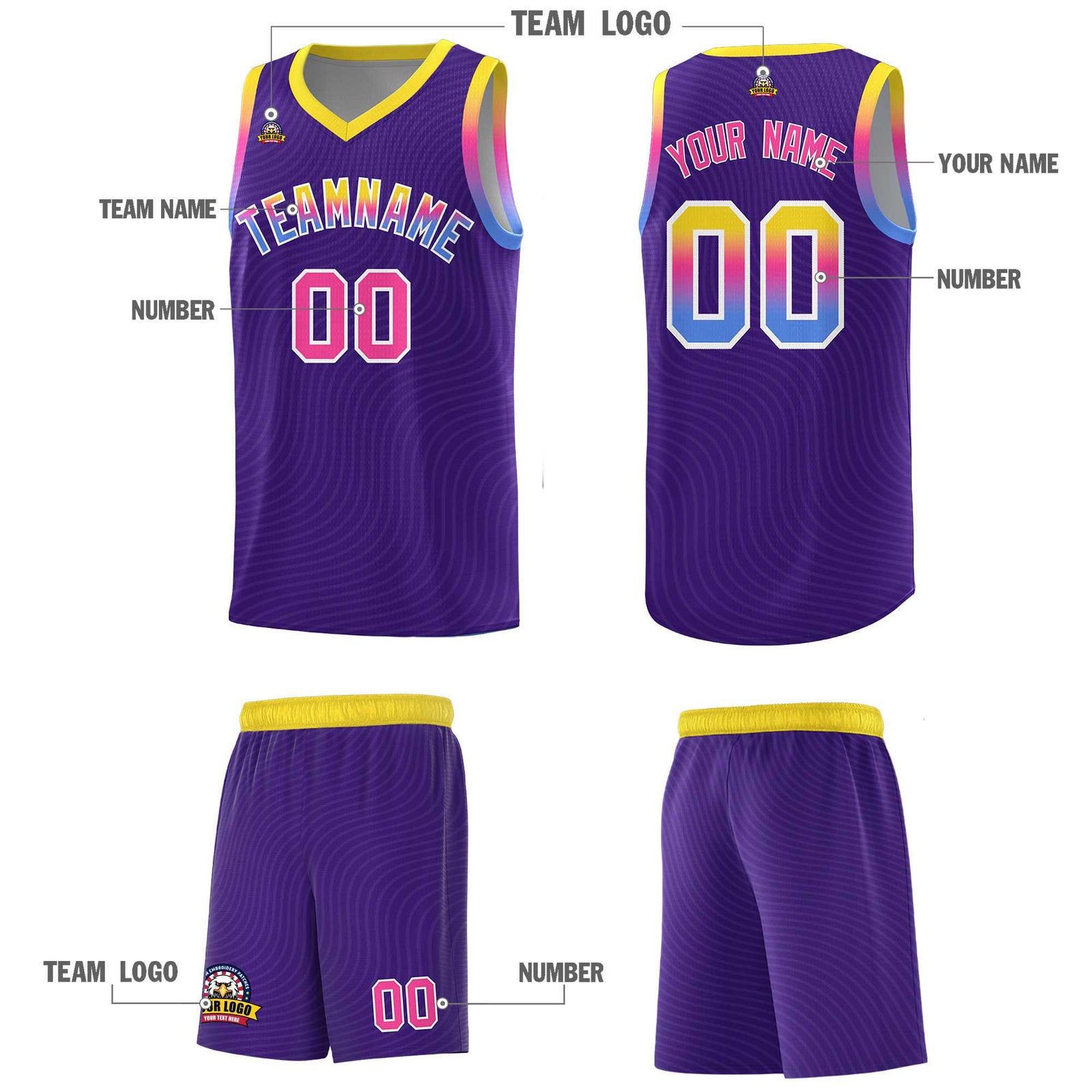 Custom Purple Gold Wave Pattern Sports Uniform Basketball Jersey