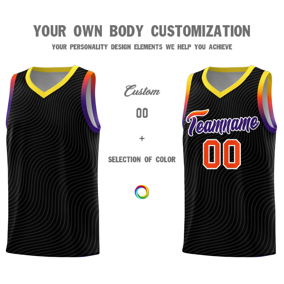 Custom Black Gold Wave Pattern Sports Uniform Basketball Jersey