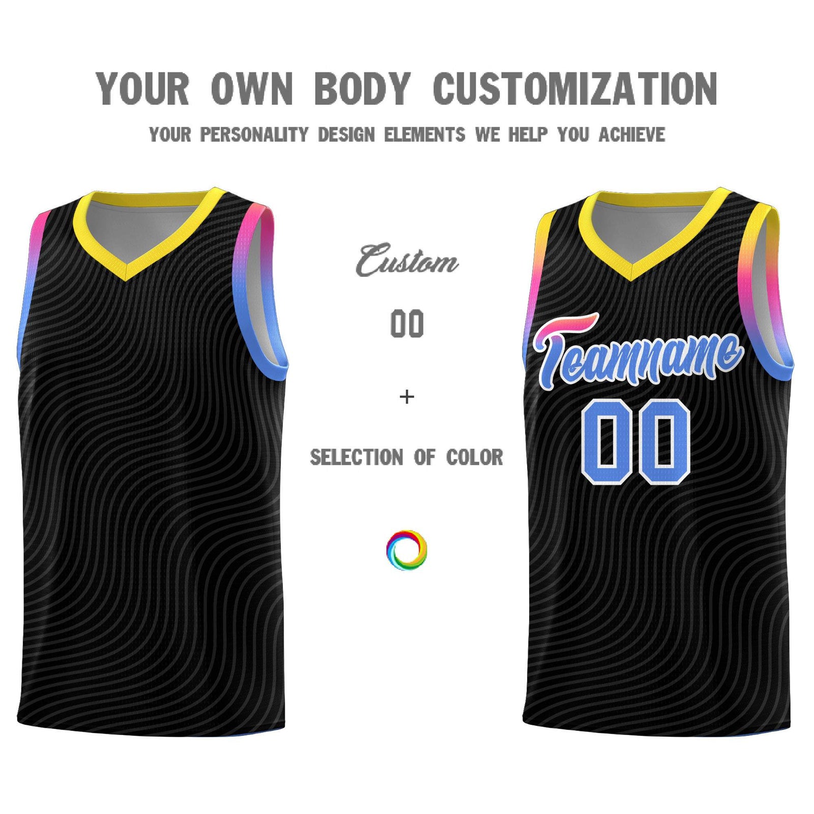Custom Black Gold Wave Pattern Sports Uniform Basketball Jersey