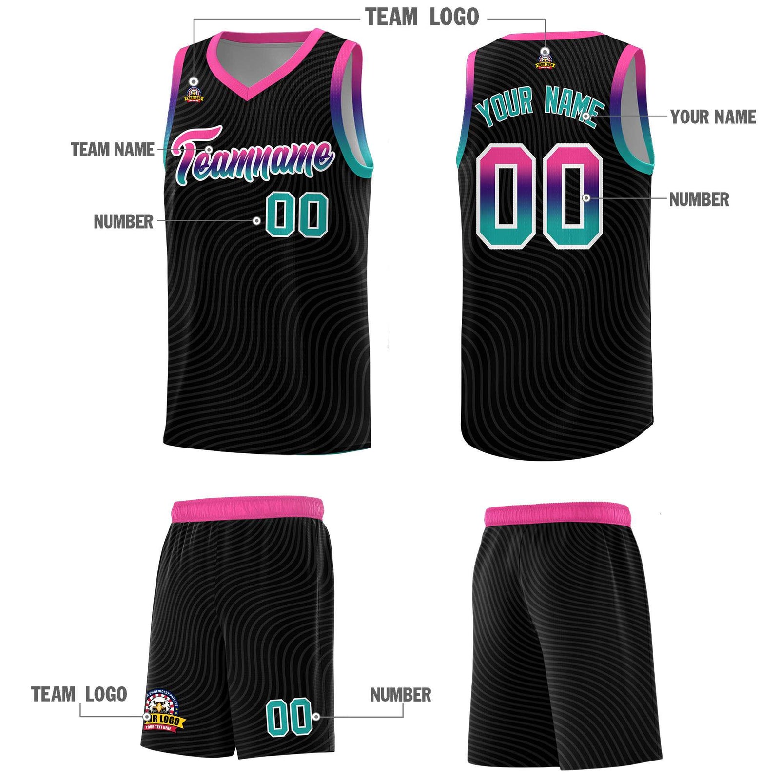 Custom Black Pink Wave Pattern Sports Uniform Basketball Jersey