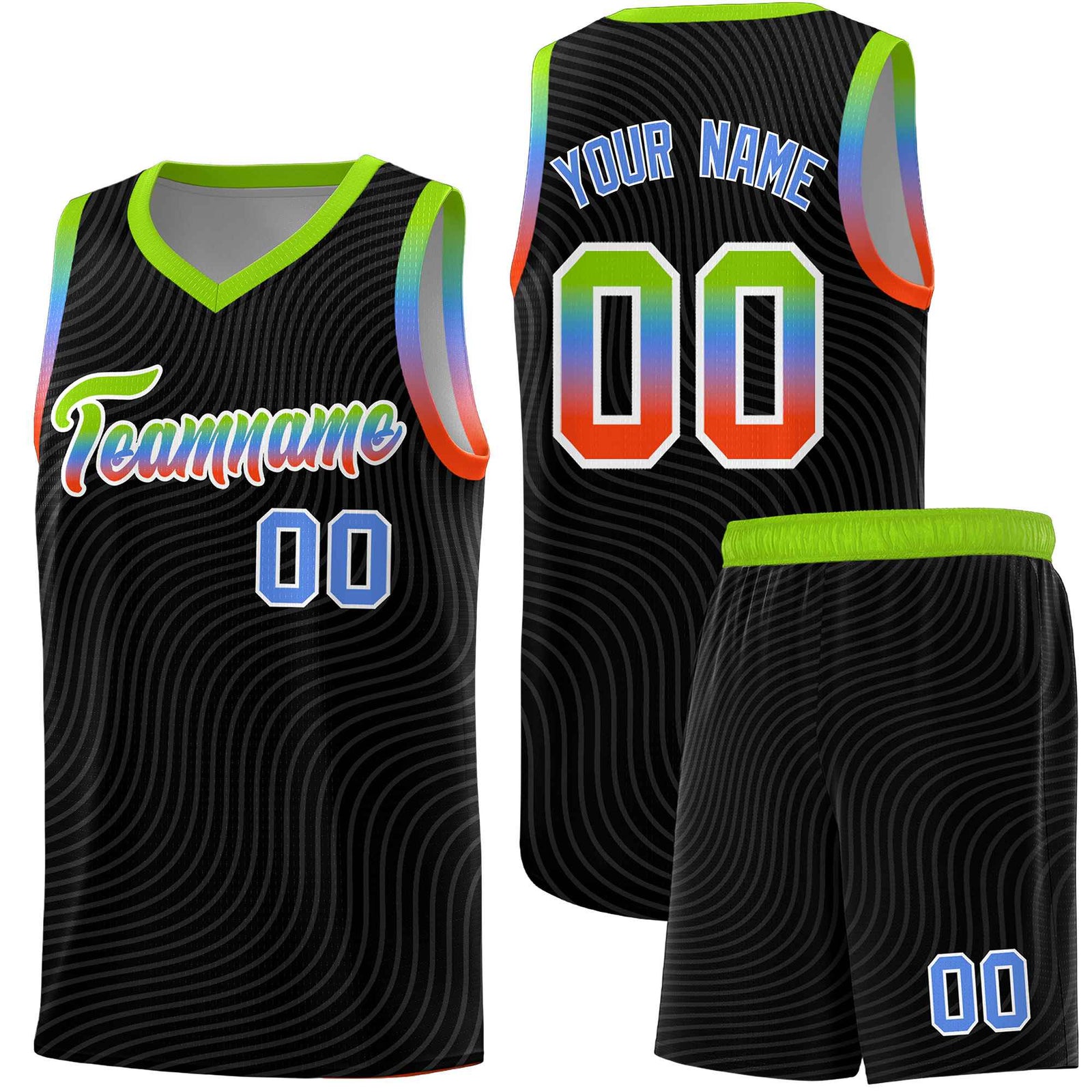 Custom Black Neon Green Wave Pattern Sports Uniform Basketball Jersey