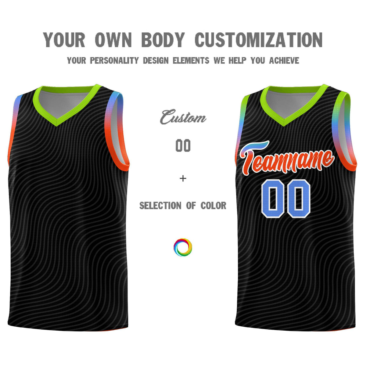 Custom Black Neon Green Wave Pattern Sports Uniform Basketball Jersey