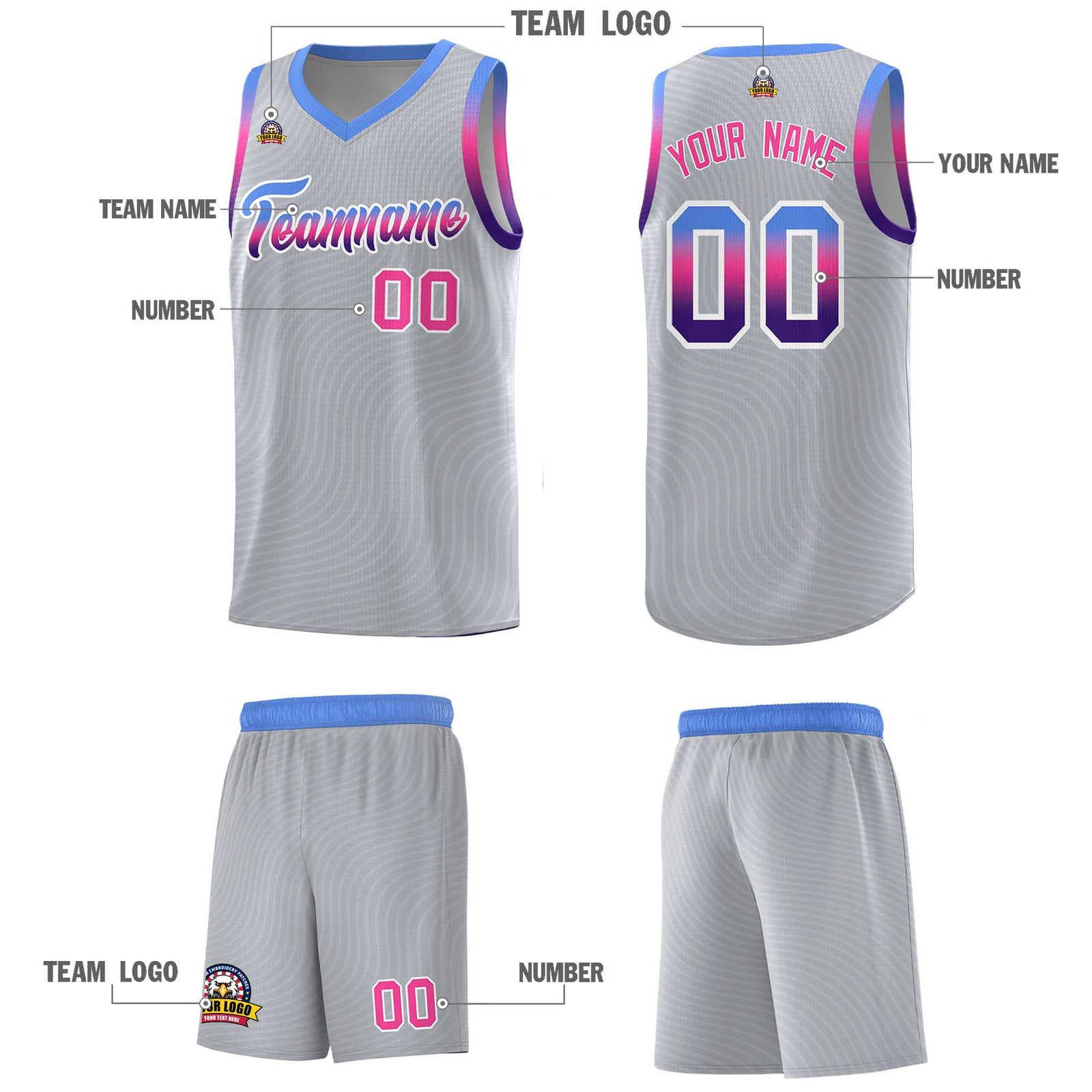 Custom Gray Light Blue Wave Pattern Sports Uniform Basketball Jersey