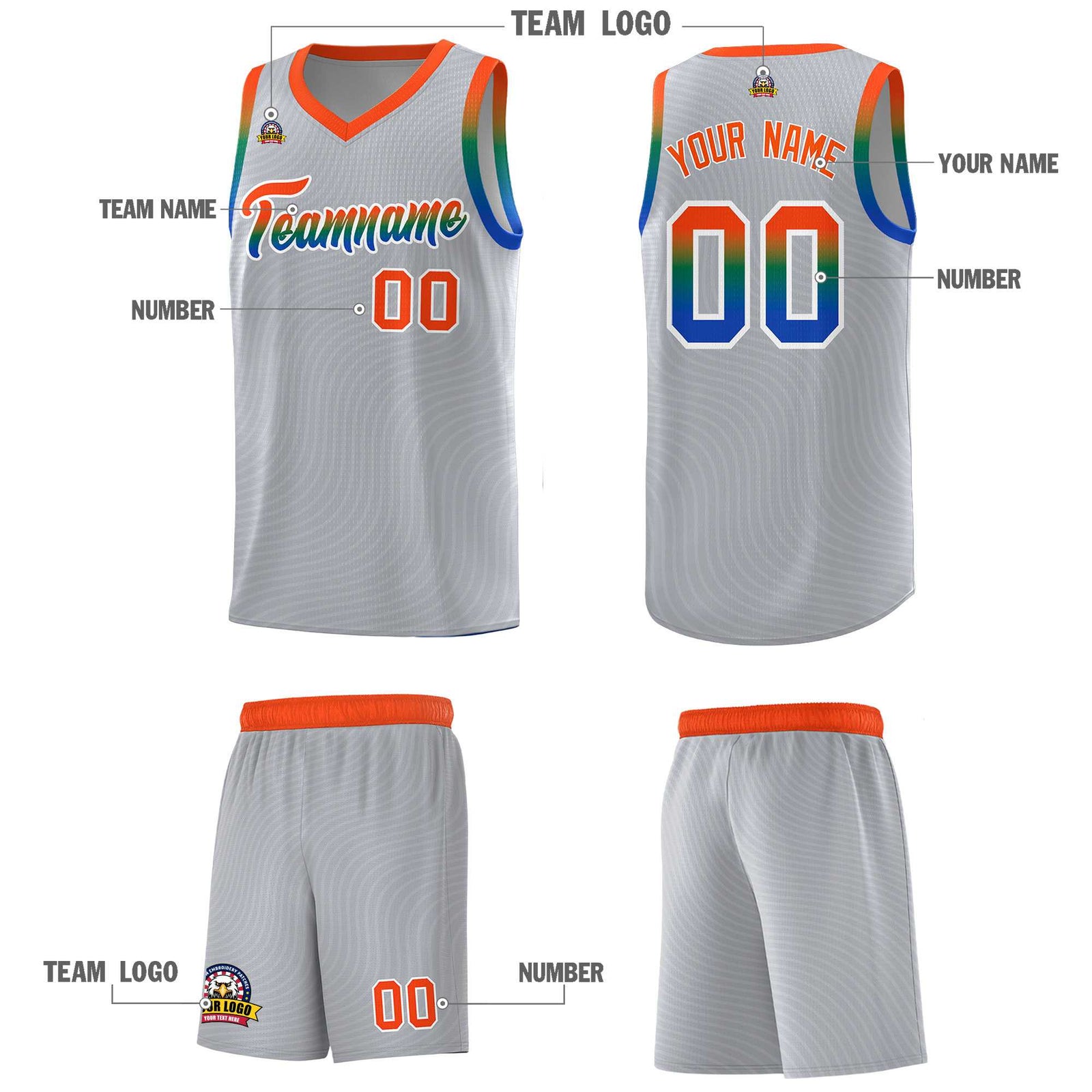 Custom Gray Orange Wave Pattern Sports Uniform Basketball Jersey