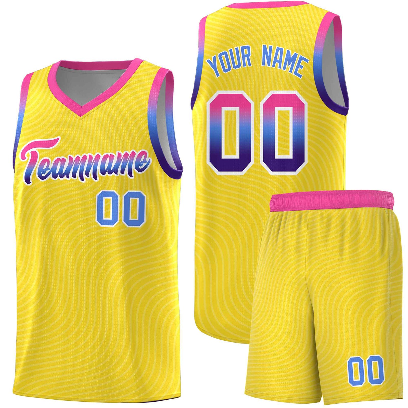 Custom Gold Pink Wave Pattern Sports Uniform Basketball Jersey