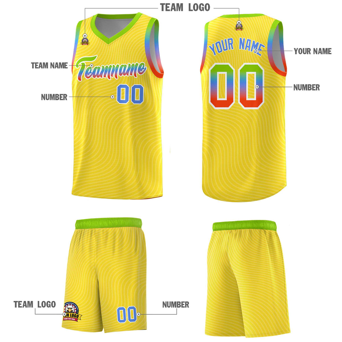 Custom Gold Neon Green Wave Pattern Sports Uniform Basketball Jersey