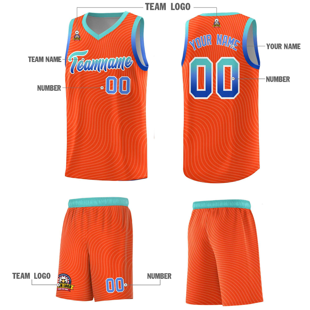 Custom Orange Bright Green Wave Pattern Sports Uniform Basketball Jersey
