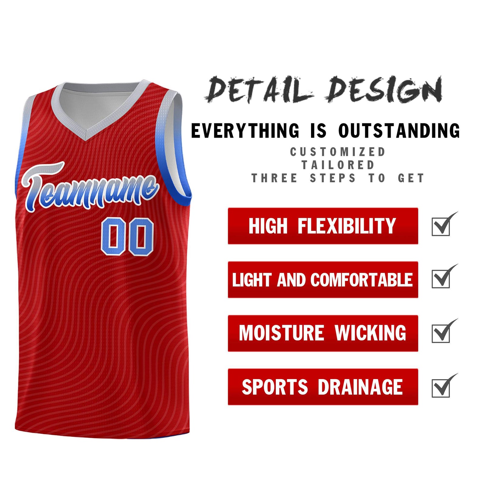 Custom Red Gray Wave Pattern Sports Uniform Basketball Jersey