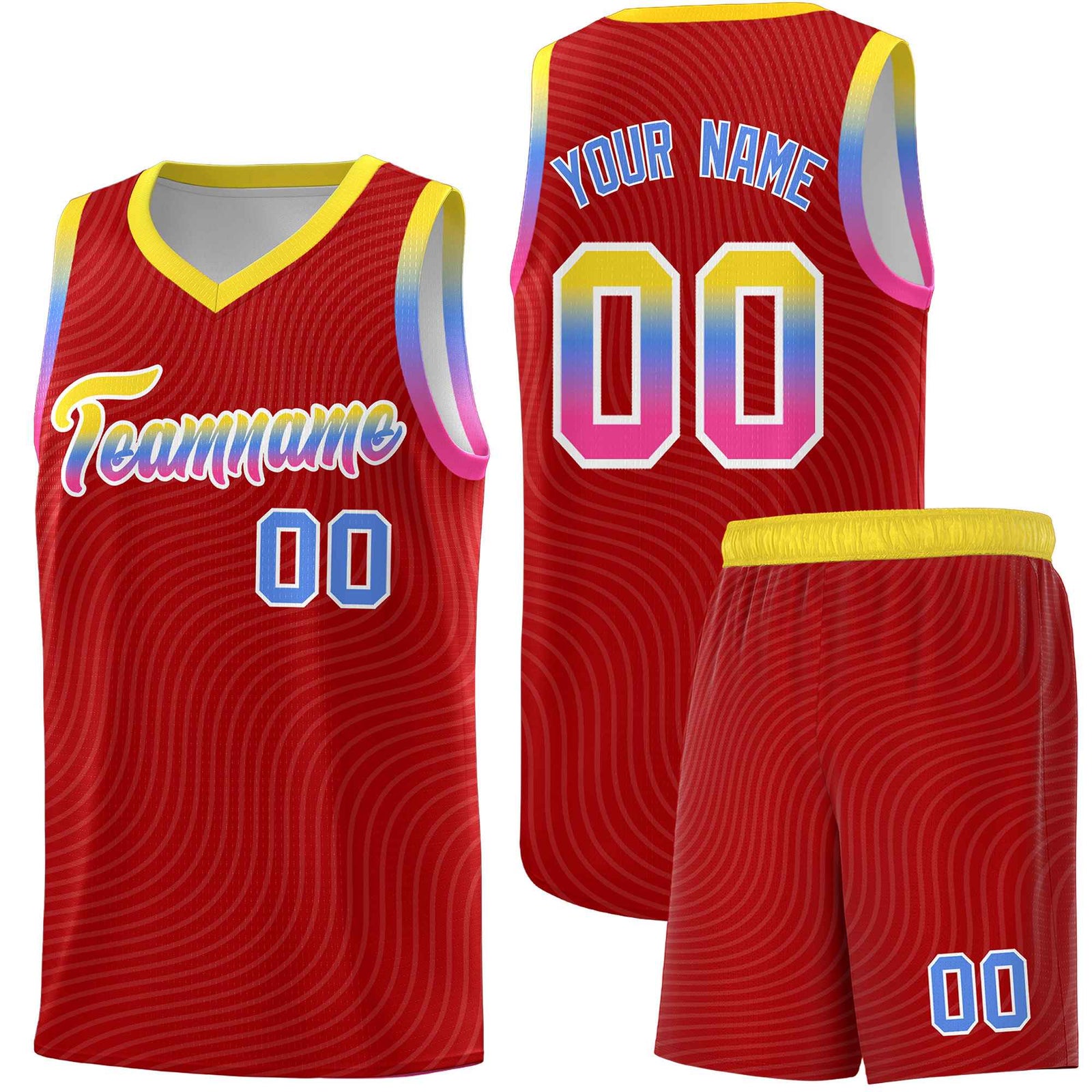 Custom Red Gold Wave Pattern Sports Uniform Basketball Jersey