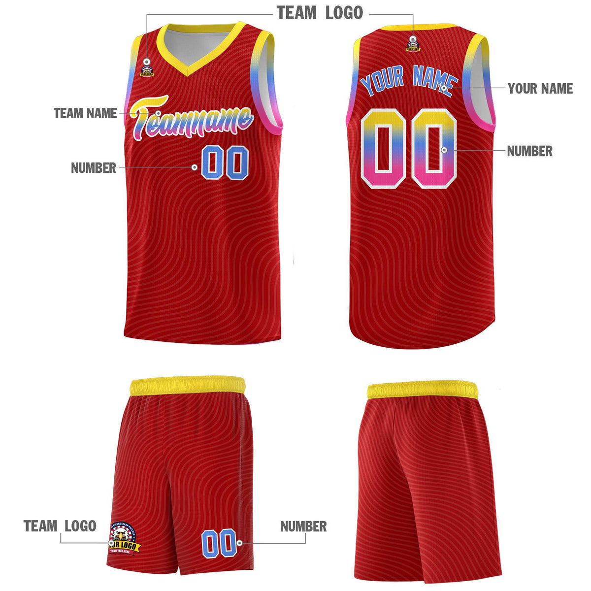 Custom Red Gold Wave Pattern Sports Uniform Basketball Jersey