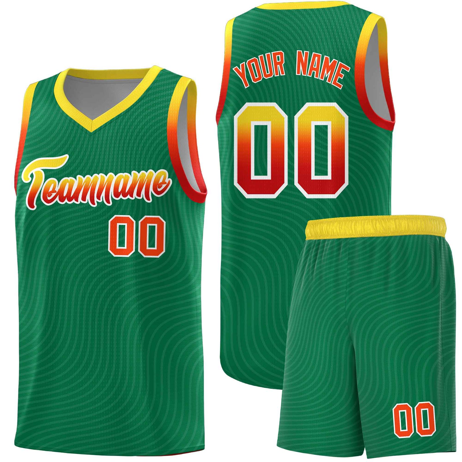 Custom Kelly Green Gold Wave Pattern Sports Uniform Basketball Jersey