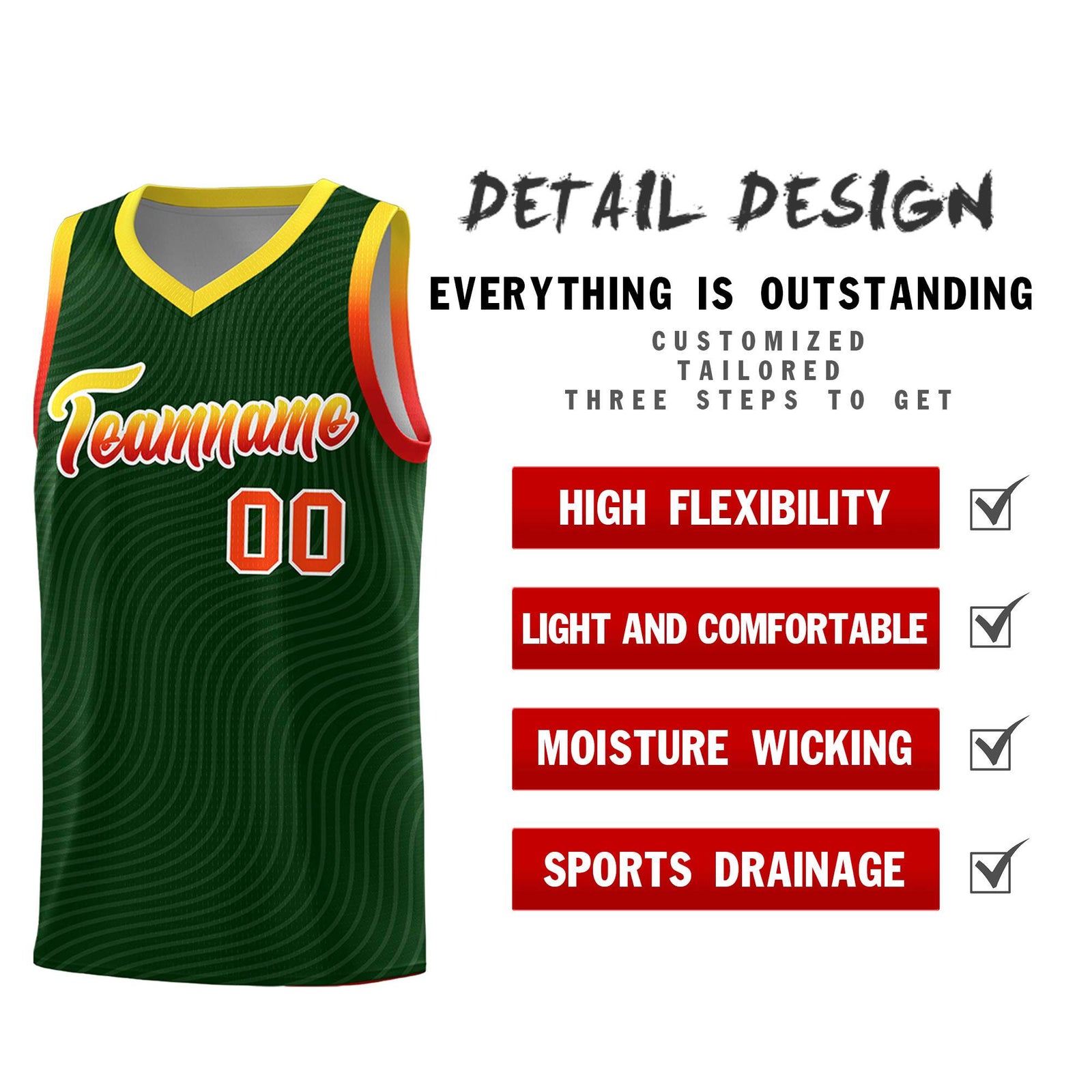 Custom Hunter Green Gold Wave Pattern Sports Uniform Basketball Jersey