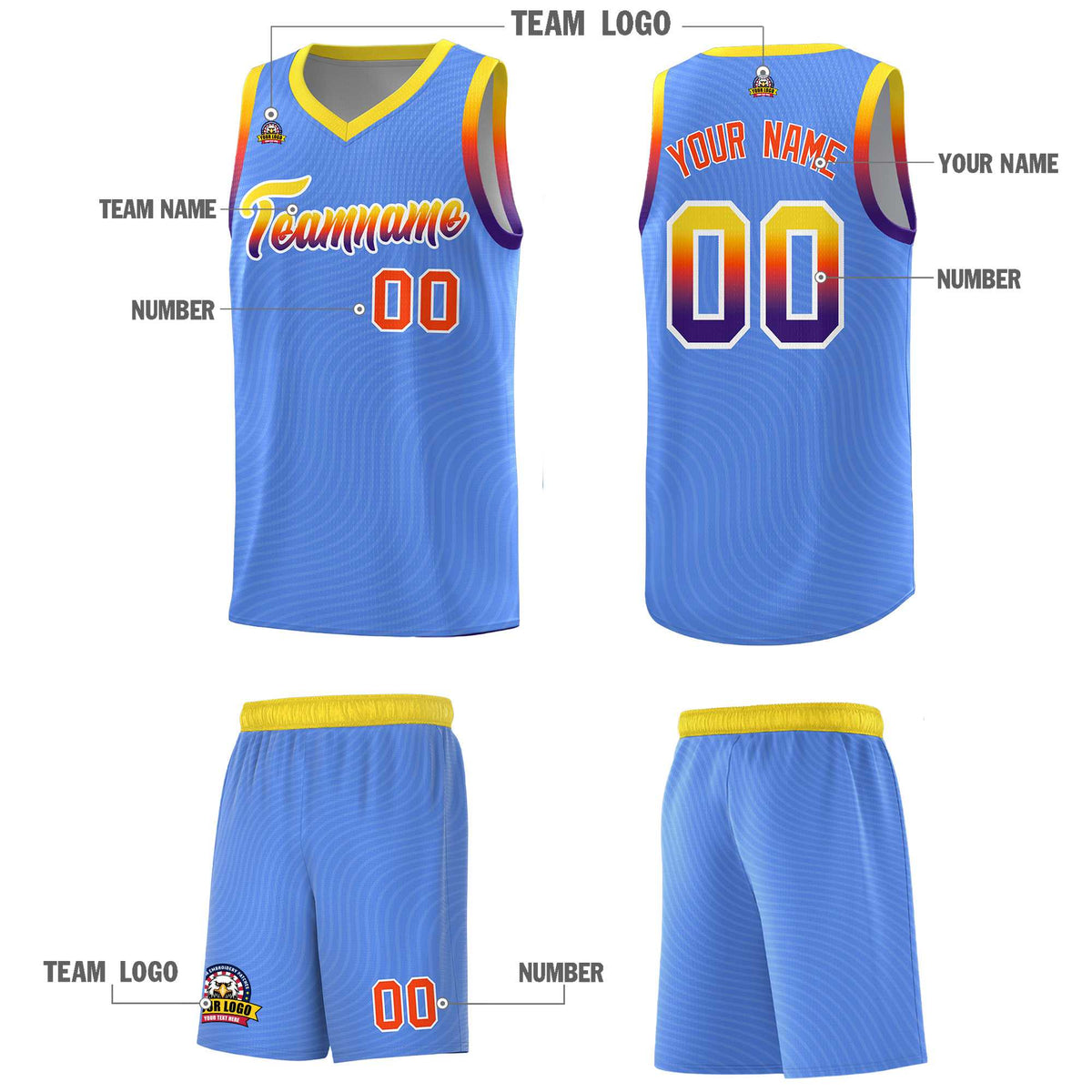 Custom Light Blue Gold Wave Pattern Sports Uniform Basketball Jersey