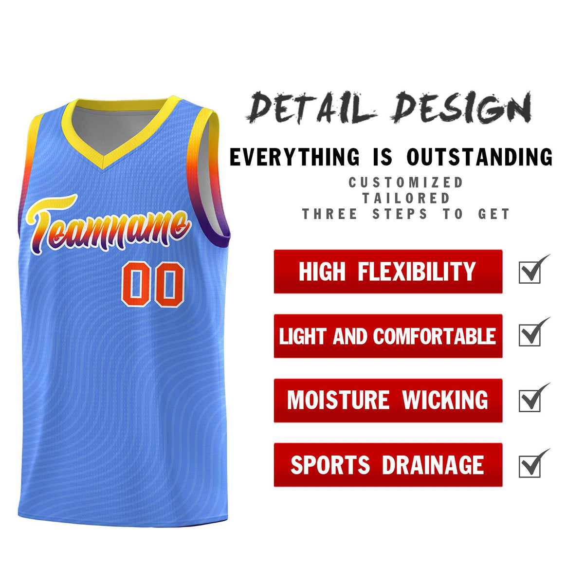 Custom Light Blue Gold Wave Pattern Sports Uniform Basketball Jersey