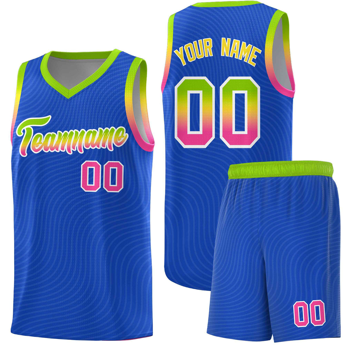 Custom Royal Blue Neon Green Wave Pattern Sports Uniform Basketball Jersey