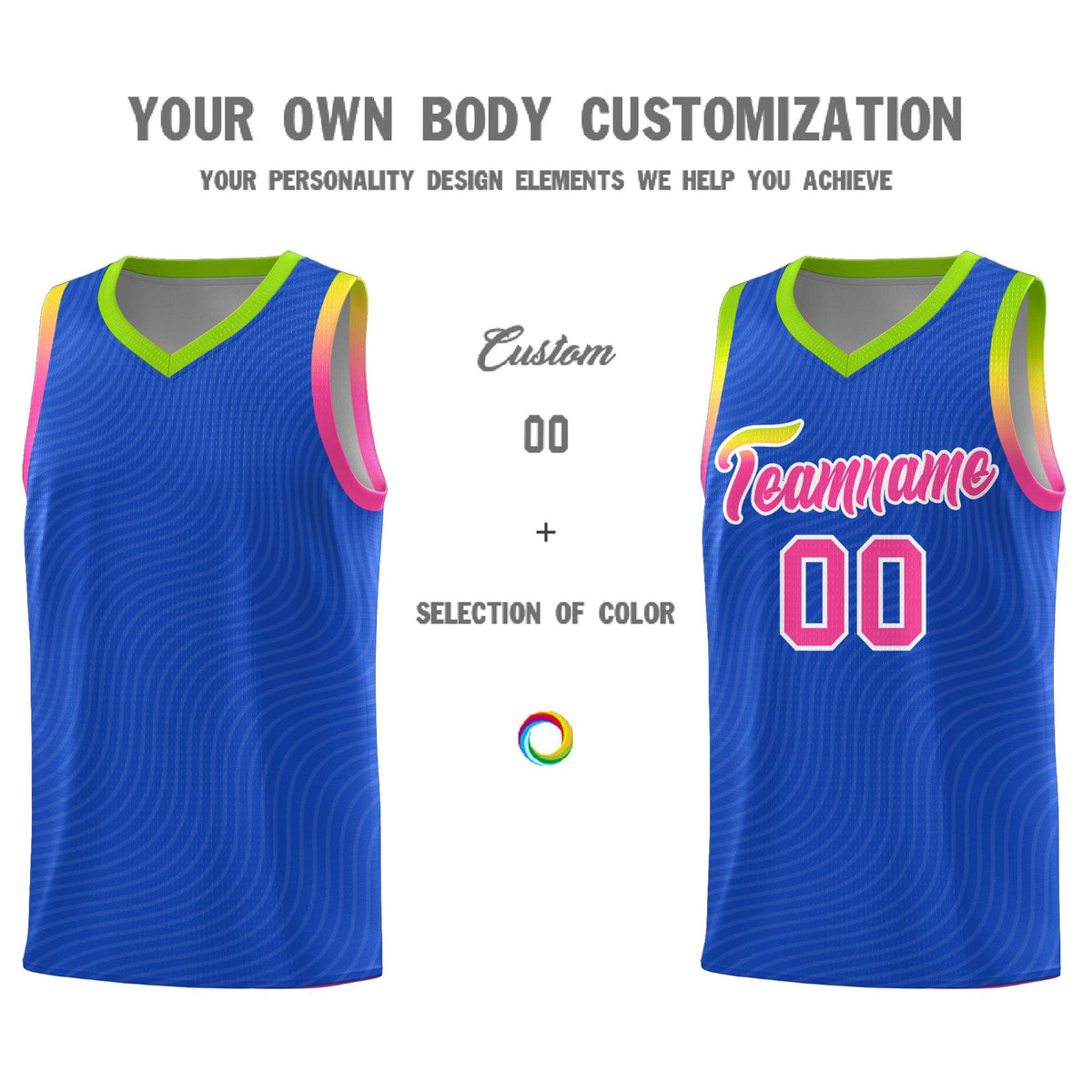 Custom Royal Blue Neon Green Wave Pattern Sports Uniform Basketball Jersey