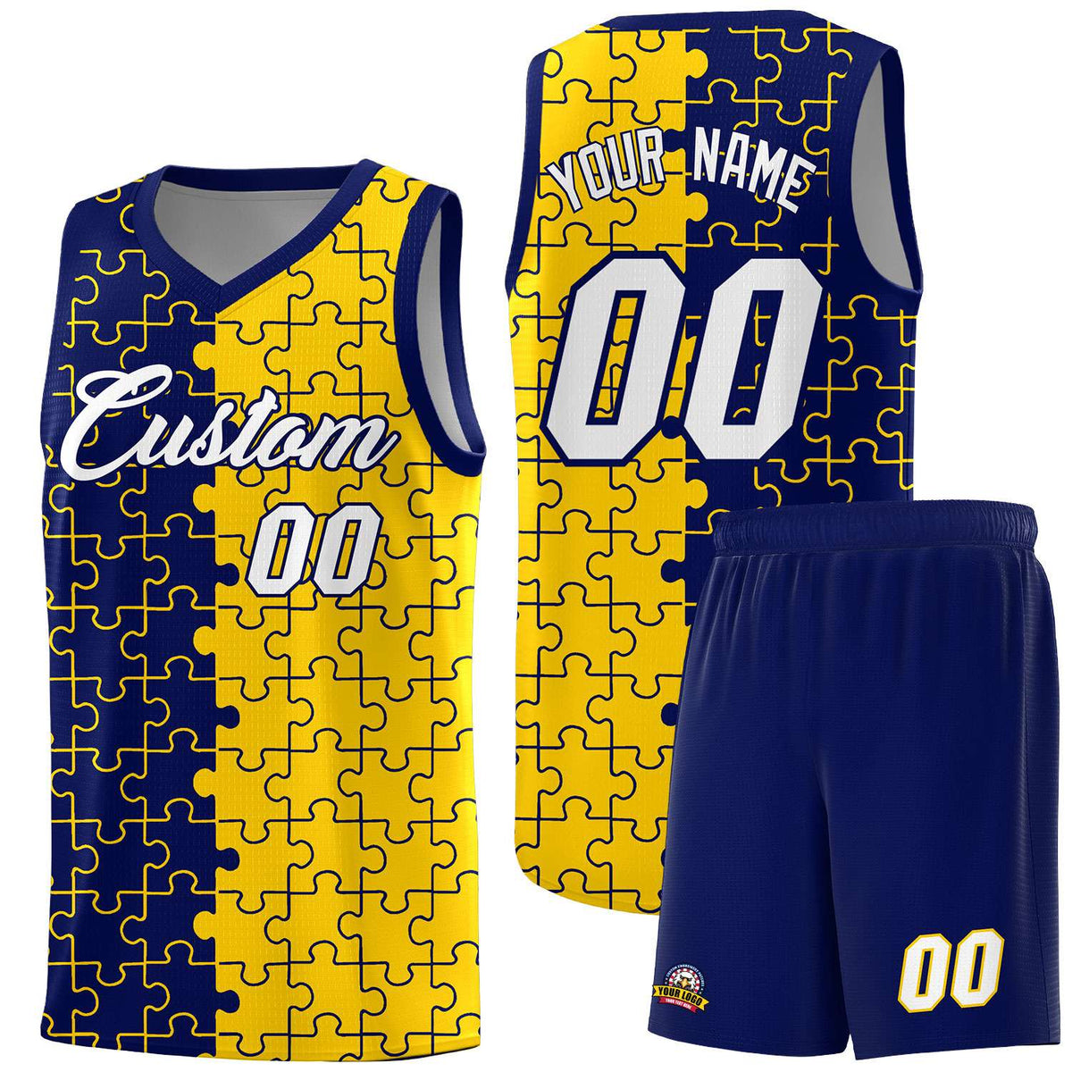 Custom Youth Basketball Jersey Navy Gold Puzzle Pattern Personalized Team Uniform