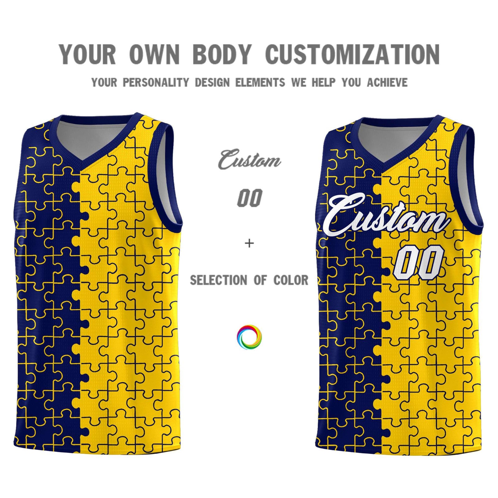 Custom Youth Basketball Jersey Navy Gold Puzzle Pattern Personalized Team Uniform