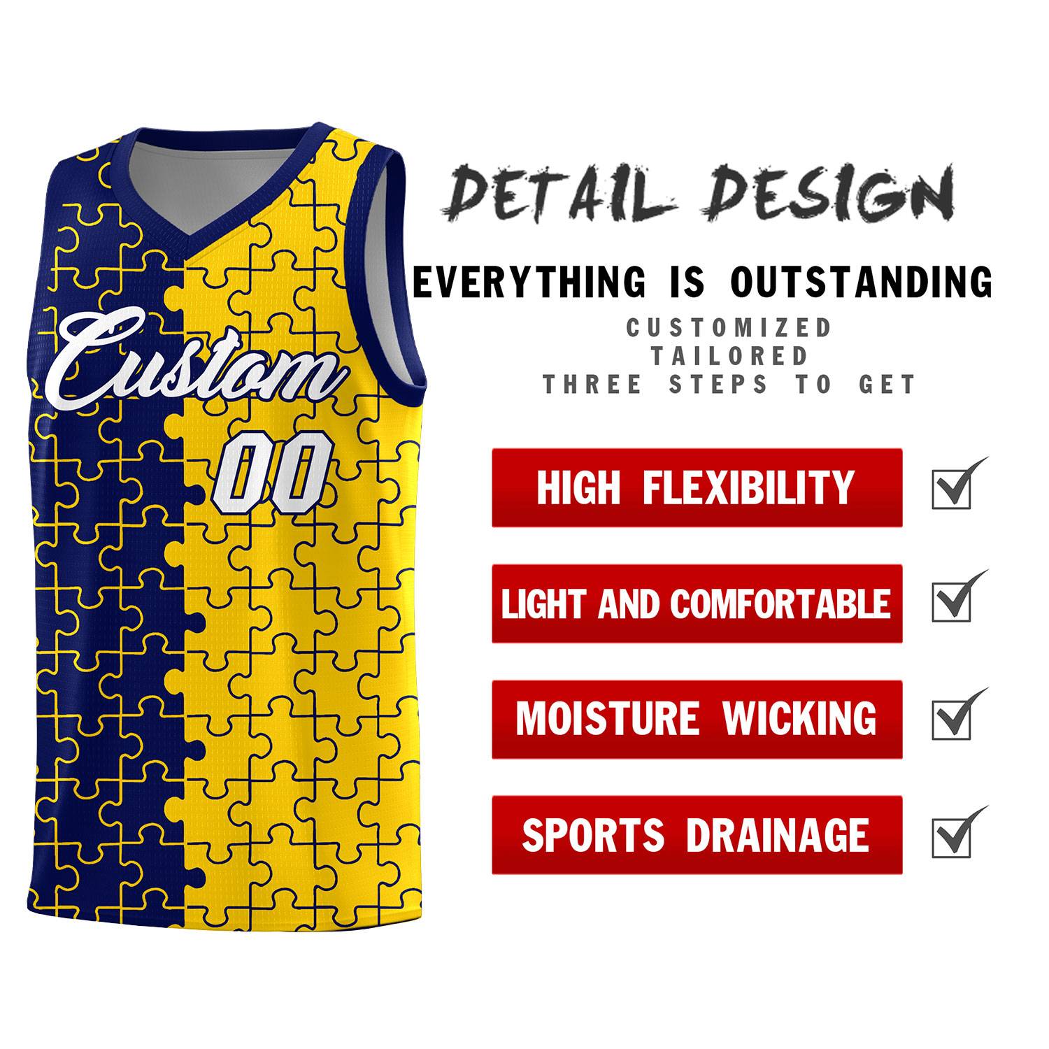 Custom Youth Basketball Jersey Navy Gold Puzzle Pattern Personalized Team Uniform