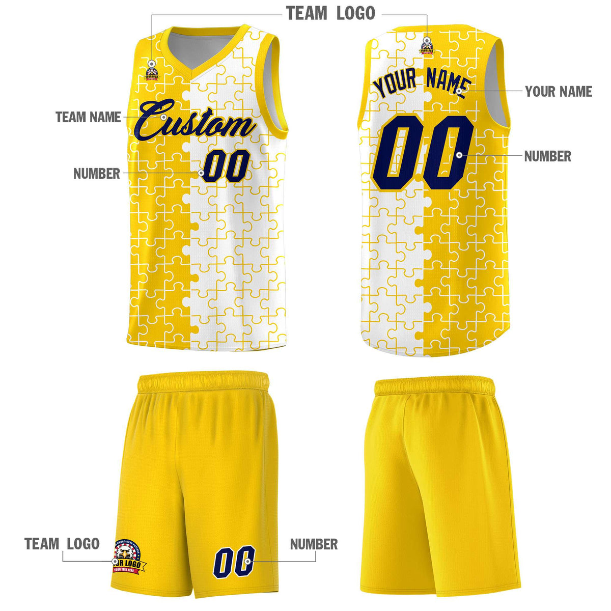 Custom Youth Basketball Jersey Gold White Puzzle Pattern Add Name, Number &amp; Team Logo