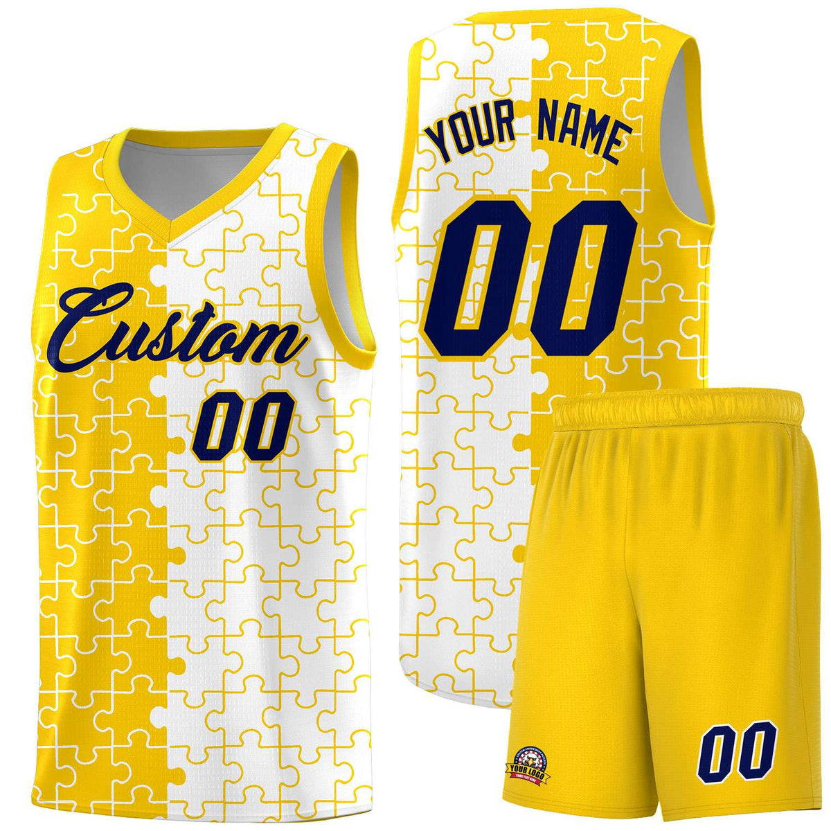 Custom Youth Basketball Jersey Gold White Puzzle Pattern Add Name, Number &amp; Team Logo
